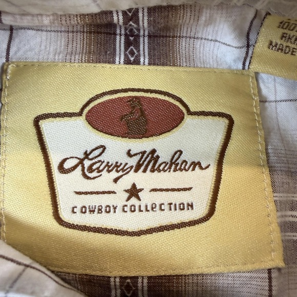 Larry Mahan Shirt Mens Large Brown Plaid Pearl Snap Western Cowboy Long Sleeve - Picture 8 of 8